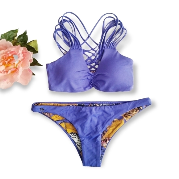 Maaji Blue Floral Reversible Strappy Cheeky Bikini Set S M - Picture 6 of 13